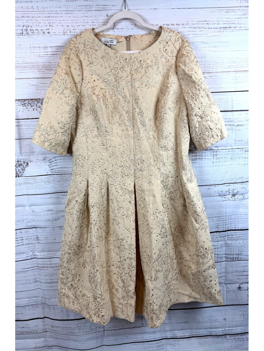 TERI JON by RICKIE FREEMAN beige metallic floral jacquard fit@flare dress 18